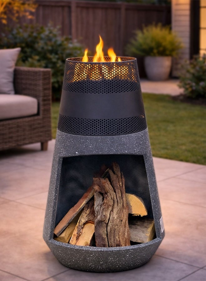 كادي ون موقد نار خارجي من المعدن والحجر الصناعي للحديقة والفناء، حفرة نار بتصميم معدني مقاوم للحرارة العالية، مدفأة حطب متعددة الاستخدامات بقاعدة ثابتة، موقد تدفئة وديكور مثالي للجلسات الخارجية - Image 1